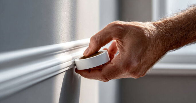 Close-up of a hand holding white painter's tape near a wall molding in a bright room for home improvement or painting preparation