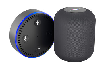 Smart speakers with voice assistant and LED ring. 3D rendering