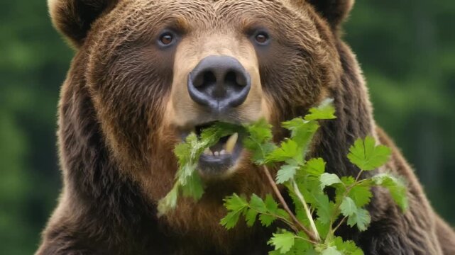 Close up of a Brown Grizzly Bear Eating Green Leaves in a Forest Setting