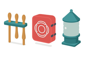 Isometric nautical safety equipment set featuring oars, life preserver, and marine light