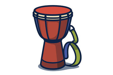 Vibrant red djembe drum percussion instrument with blue and green shoulder strap