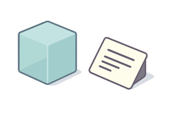 Isometric representation of a translucent cube and a standing desk note card for organization