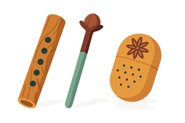 Charming set of fantasy objects: wooden whistle, magic staff, and spice holder