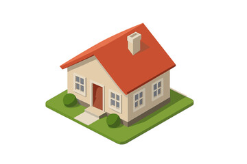 Small suburban house with red roof and chimney on a green lawn in isometric view © icon_art