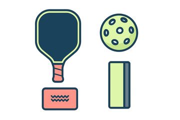 Set of pickleball equipment including paddle, perforated ball, and court accessories