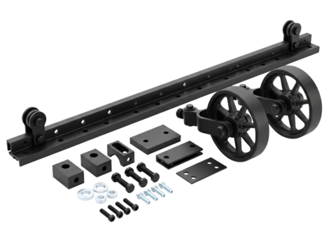 Black metal sliding barn door hardware kit with large wheels on a transparent background