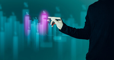 hand of businessman interactive touching a holographic financial growth graph chart system network and technology, success of trading innovation