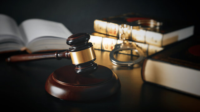 Judge gavel in court. Library with lot of books in background - Powered by Adobe