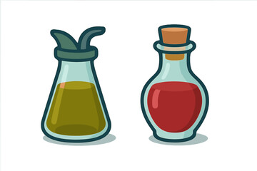 Olive oil cruet dispenser and glass bottle filled with red wine vinegar