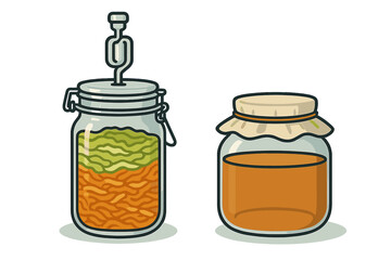 Two glass jars containing homemade fermented vegetables and preserved sweet liquid