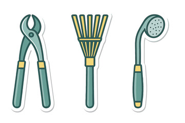 Set of essential small gardening tools including hand pruners, leaf rake, and watering nozzle