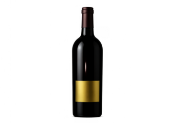 Dark red wine bottle with blank golden label for branding mockup, standing on transparent background