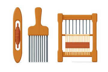 Weaving instruments set including wooden shuttle, beater comb, and small tapestry loom
