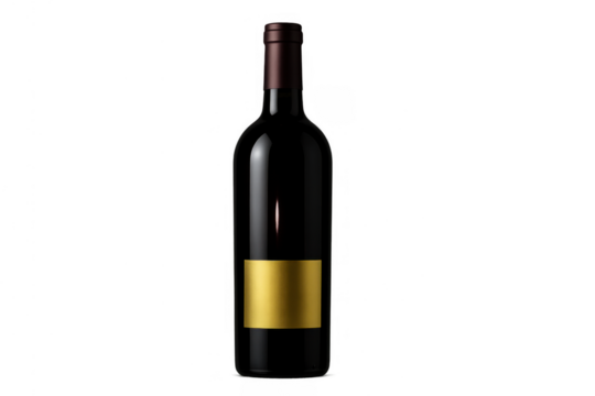 Dark red wine bottle with blank golden label for branding mockup, standing on transparent background - Powered by Adobe