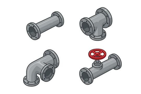 Isometric industrial pipeline components including straight pipe, elbow, T-joint, and red valve