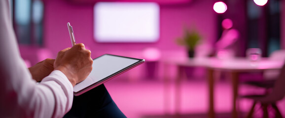 Person using digital tablet with stylus pen in modern pink-lit space with blurred background
