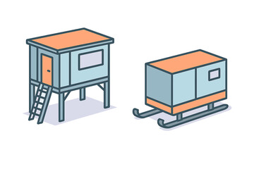 Isometric outdoor shelters including a raised hunting blind and a portable ice fishing shack