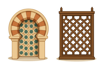 Decorative set of Moorish architectural elements including a horseshoe arch and geometric wooden lattice screen