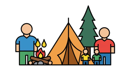 Family Camping Trip with Tent Campfire and Trees.