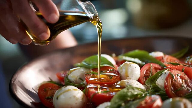 Close up of a hand pouring golden olive oil over a fresh Caprese salad with ripe red tomatoes, white mozzarella balls, and vibrant green basil leaves in a rustic wooden bowl