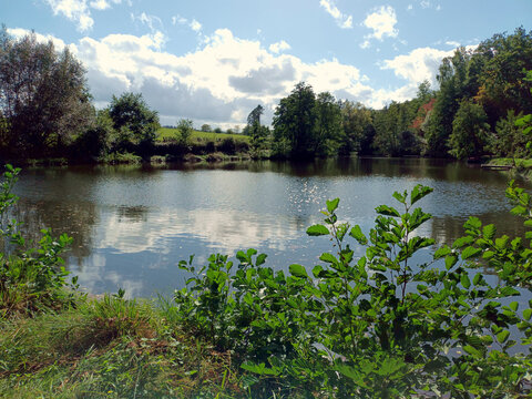 Weiher bei Nunkirchen am neuen Premium-Wanderweg Traumschleife Genie&szlig;er W&auml;ldchen bei Losheim im Saarland..
