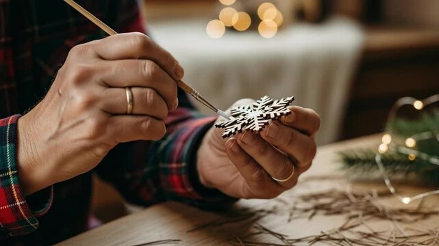 Man hand painting white winter wooden snowflake ornament with brush for Christmas holiday decoration craft making