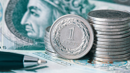 Polish money, coin stack. Business, finance