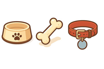 Set of essential dog accessories including feeding bowl, chew bone, and red leather collar with ID tag