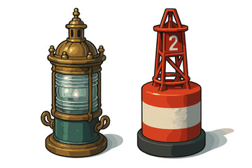 Antique nautical ship lantern and red channel marker buoy isolated on white