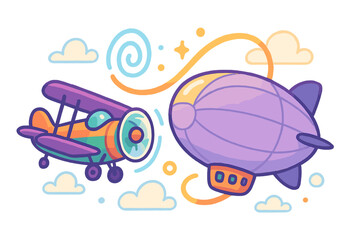 Colorful cartoon biplane and purple airship flying together among clouds