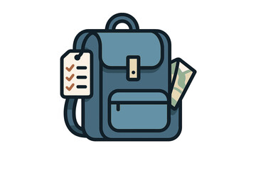 Essential travel gear featuring a blue backpack, preparation checklist, and navigation map