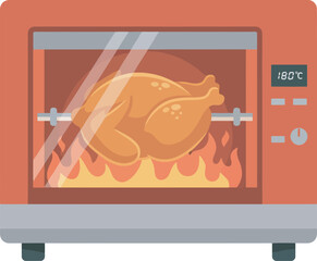 A roasted chicken turning inside an oven, with flames beneath.