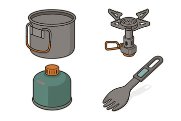 Essential camping cooking equipment set including portable stove, fuel, pot, and spork
