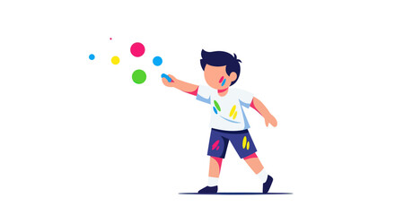 Cartoon Boy Throwing Colorful Paint Balls in Playful Action.