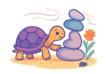 Cute cartoon tortoise standing next to a stack of balanced river stones and a small flower