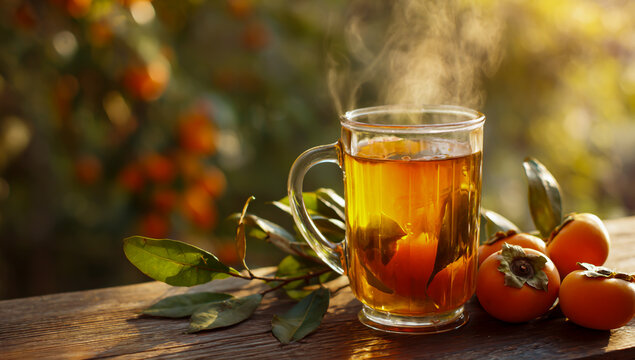 Steaming glass of amber tea next to ripe persimmons on a wooden table outdoors