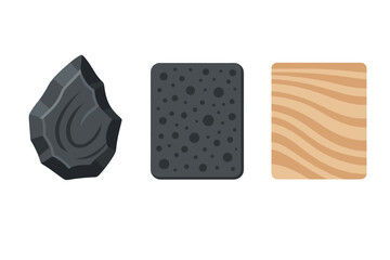 Basic material icons set featuring dark flint stone, porous sponge, and light wood grain textures