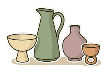Aesthetic collection of stylized ceramic pottery objects including a pitcher, vase, and bowls in muted colors