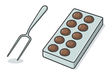 Metal dipping fork and chocolate candy mold tray filled with round brown sweets on a white background