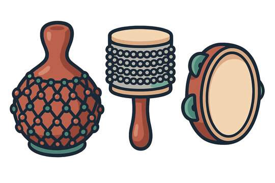 Three traditional Latin percussion instrument icons set