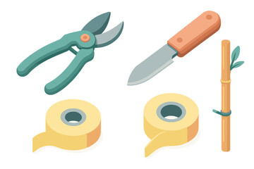 Pruning shears, grafting knife, adhesive tape rolls, and bamboo stake for horticultural work