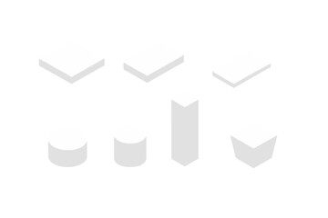 Isometric white geometric shapes collection including cubes, cylinders, and rectangular prisms on a blank background