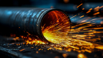 Close up of a metal pipe being cut with sparks flying in a workshop setting