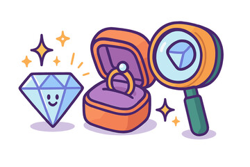 Gemstone appraisal with magnifying glass and engagement ring in box