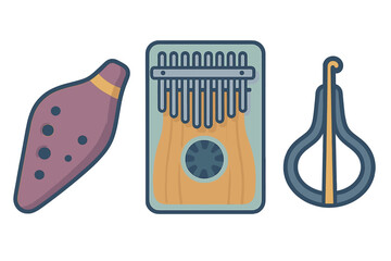 Collection of traditional musical instruments including ocarina, kalimba, and mouth harp