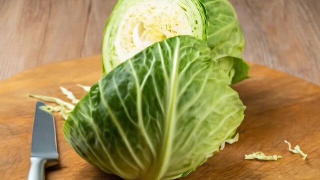 Fresh Green Cabbage Being Halved and Chopped for Healthy Cooking Preparation