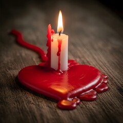 A lit candle with wax dripping onto a red heart-shaped base on a rustic wooden surface, creating a warm and romantic ambiance suitable for love or celebration themes