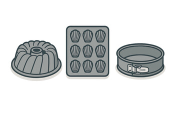 Assortment of essential baking pans including bundt, madeleine, and springform molds
