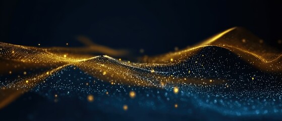 Abstract holiday background with gold particles and bokeh on dark blue, incorporating gold foil texture for a luxurious festive look.
