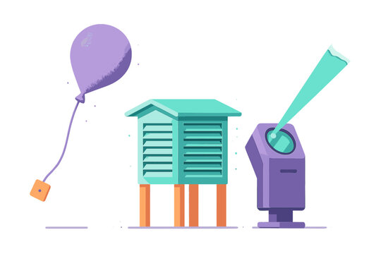 Weather station instruments including a radiosonde balloon, Stevenson screen, and ceilometer laser device